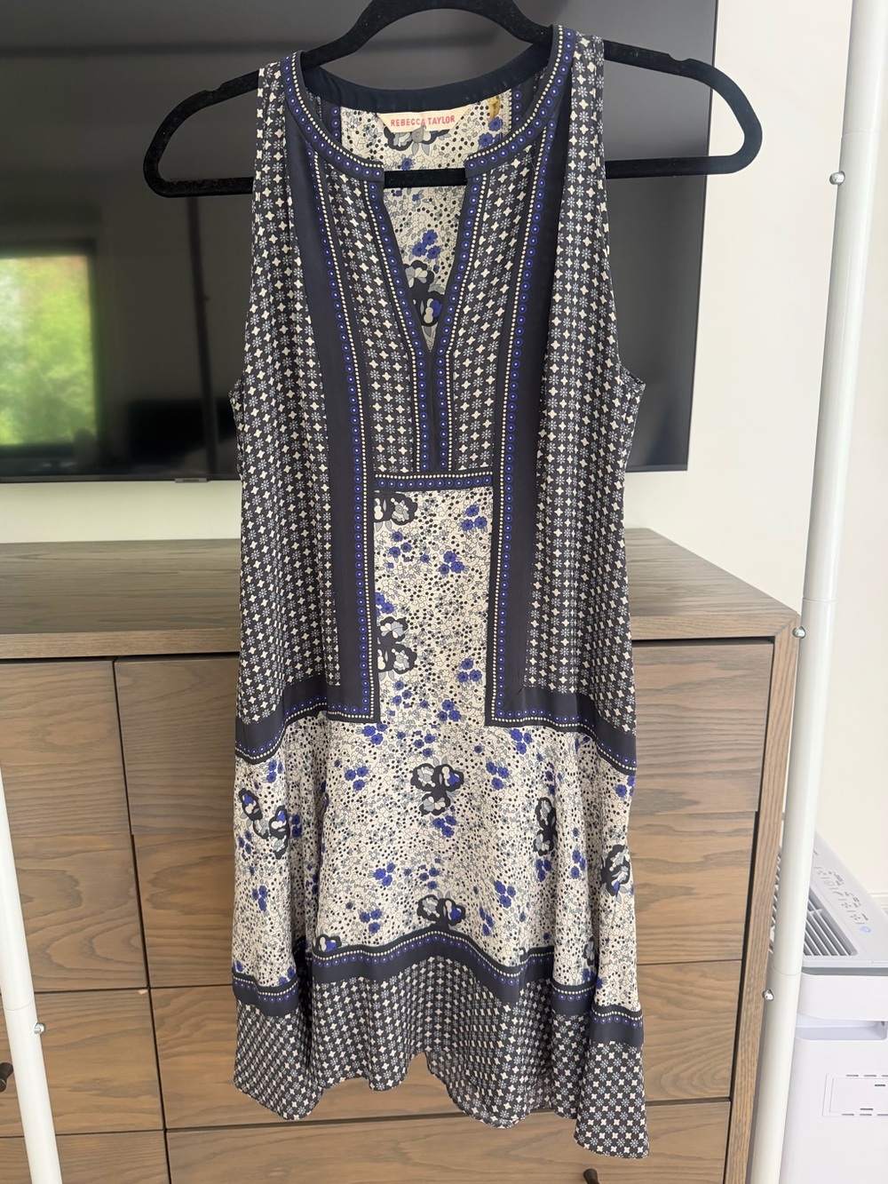 Rebecca Taylor Navy and Cream Mixed-Print Dress